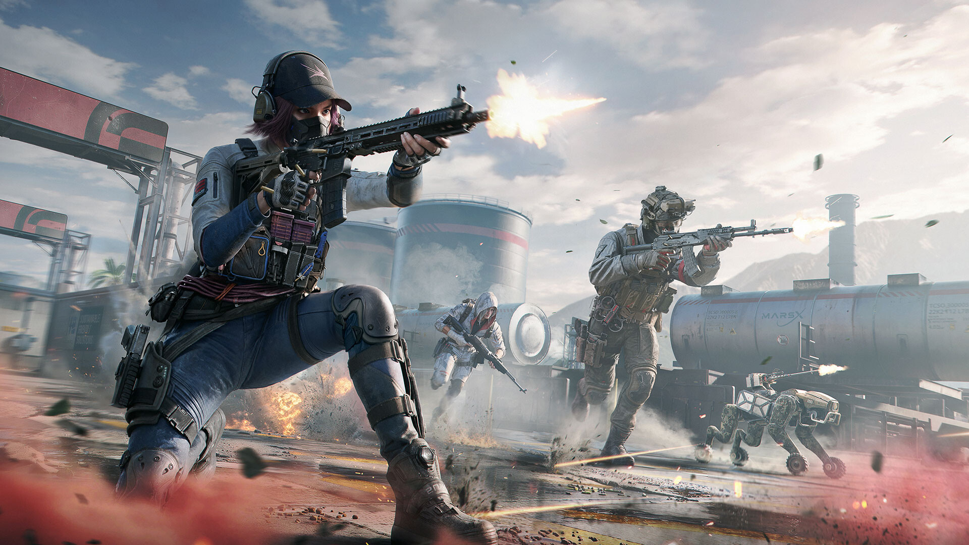 Athletes fighting together in an industrial arena
